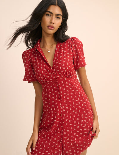 Red Floral Button Front Dulcie Mini Dress
