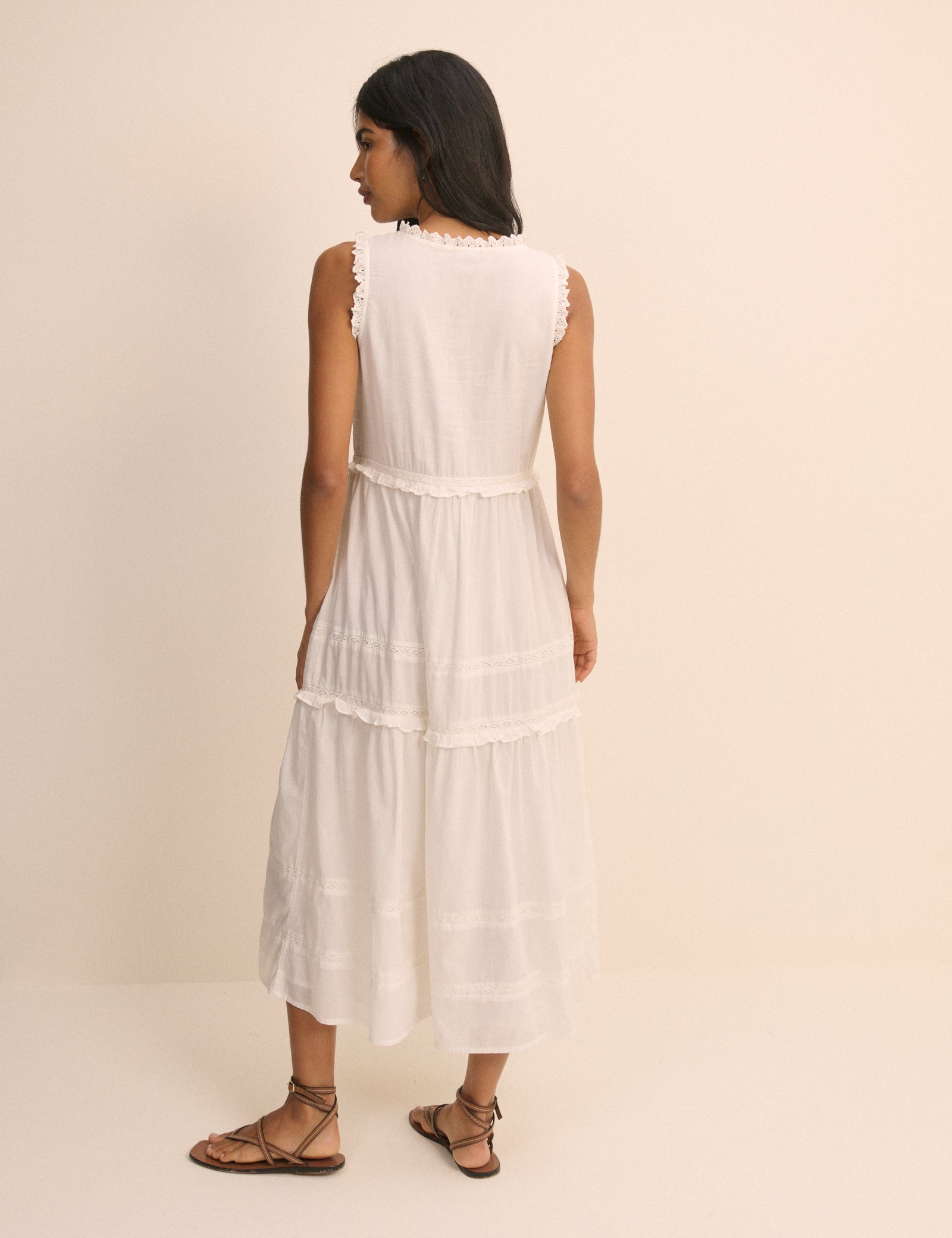 White Ruffle Trim Tiered Penelope Midi Dress