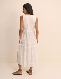 White Ruffle Trim Tiered Penelope Midi Dress