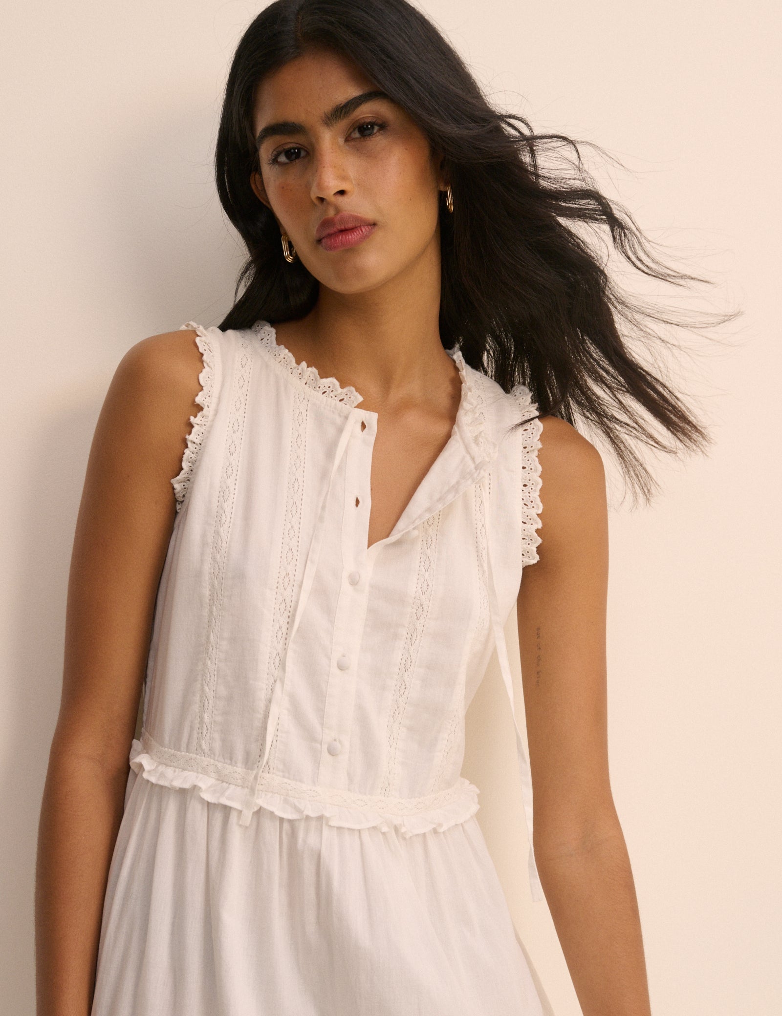 White Ruffle Trim Tiered Penelope Midi Dress
