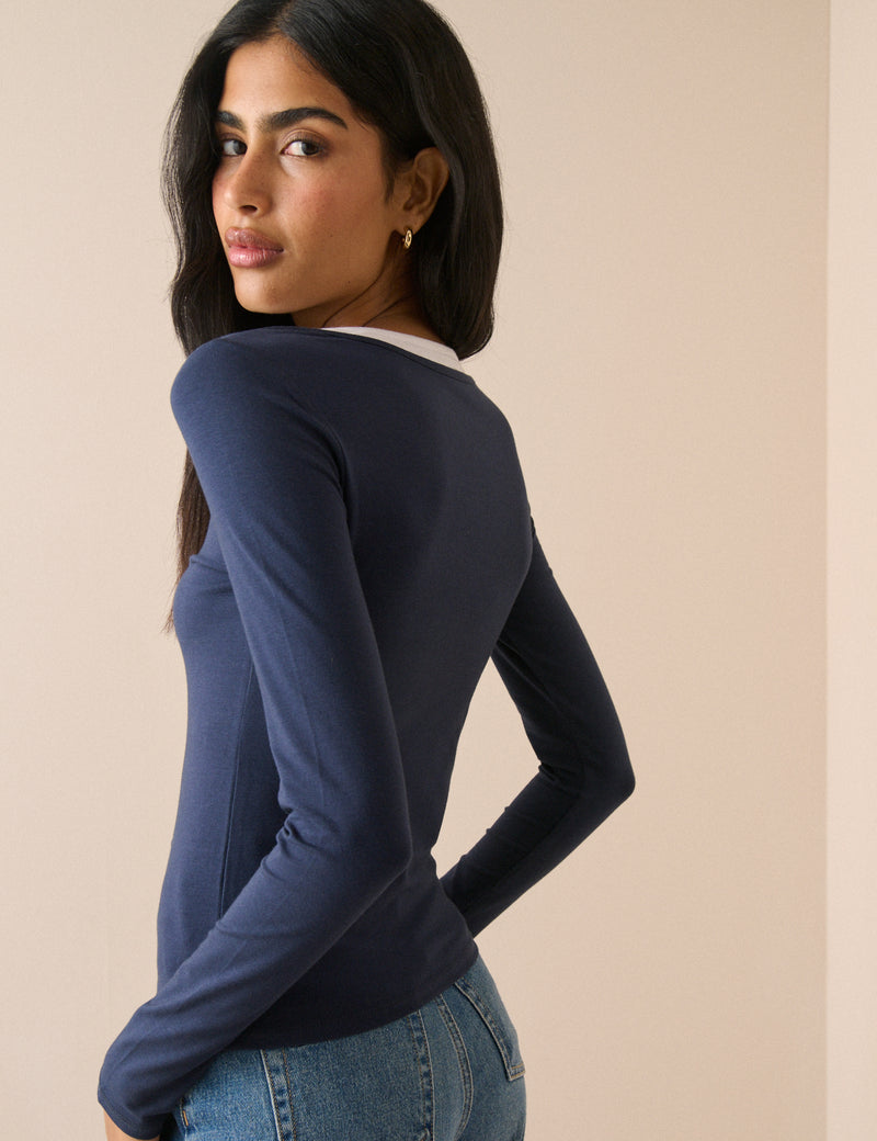 Navy Double Layer Henley Top