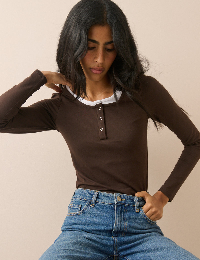 Brown Double Layer Henley Top