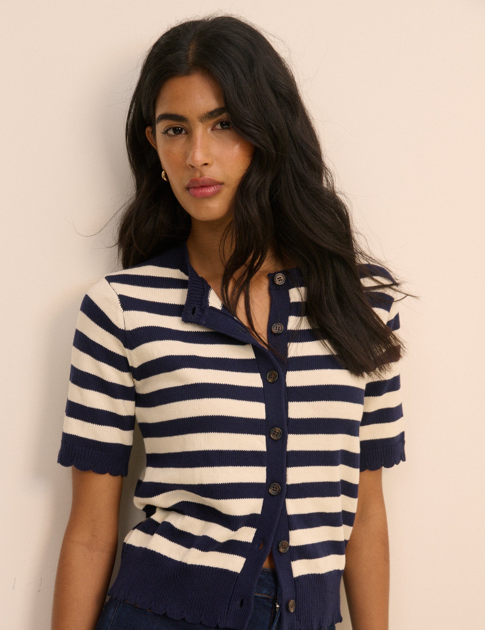 Navy and Cream Stripe Short Sleeve Cardigan