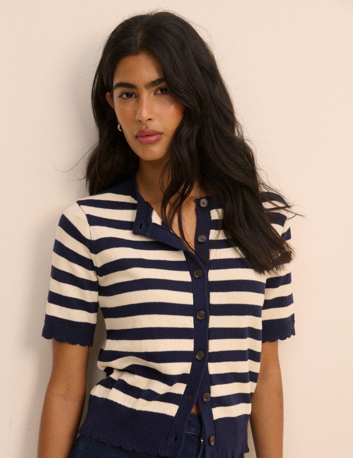 Navy and Cream Stripe Short Sleeve Cardigan