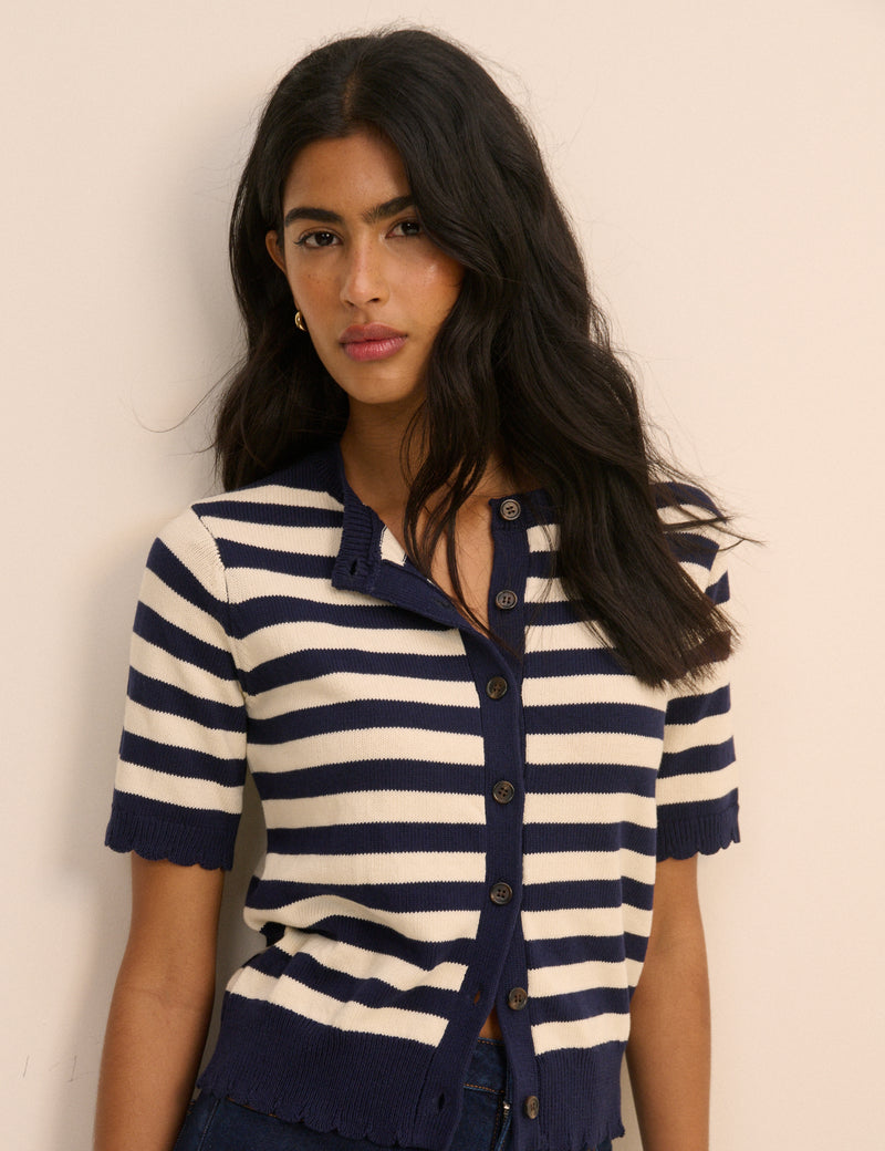 Navy and Cream Stripe Short Sleeve Cardigan