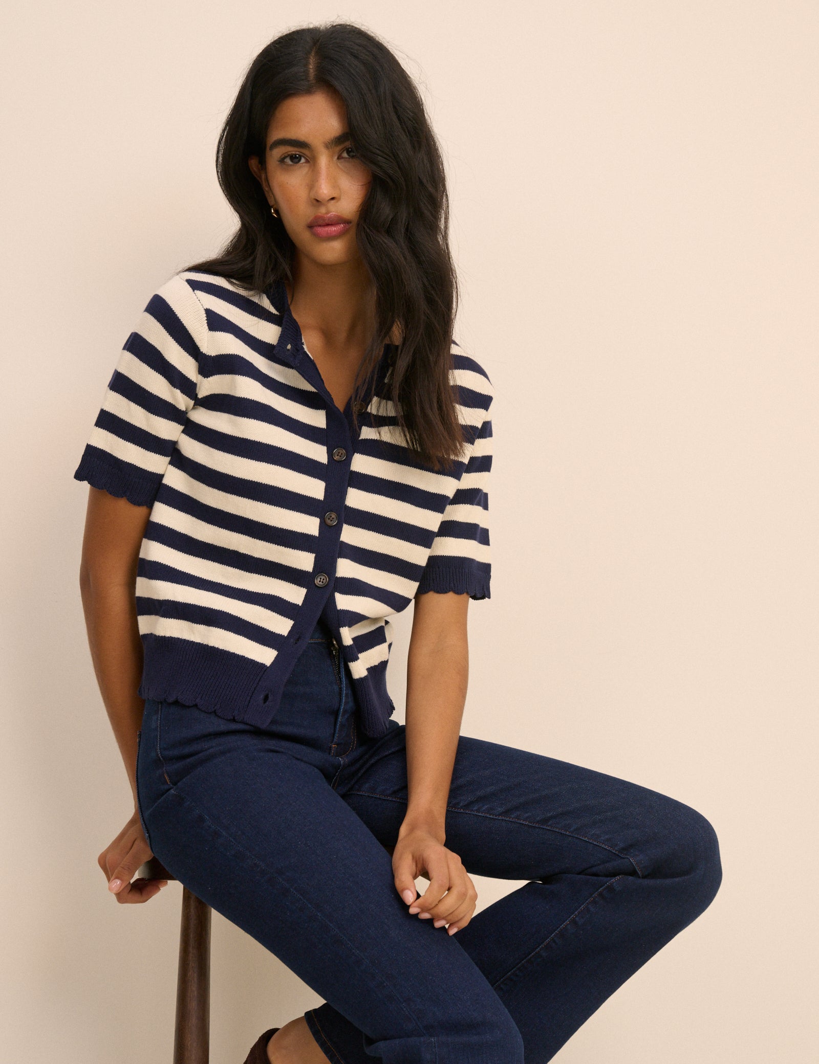 Navy and Cream Stripe Short Sleeve Cardigan