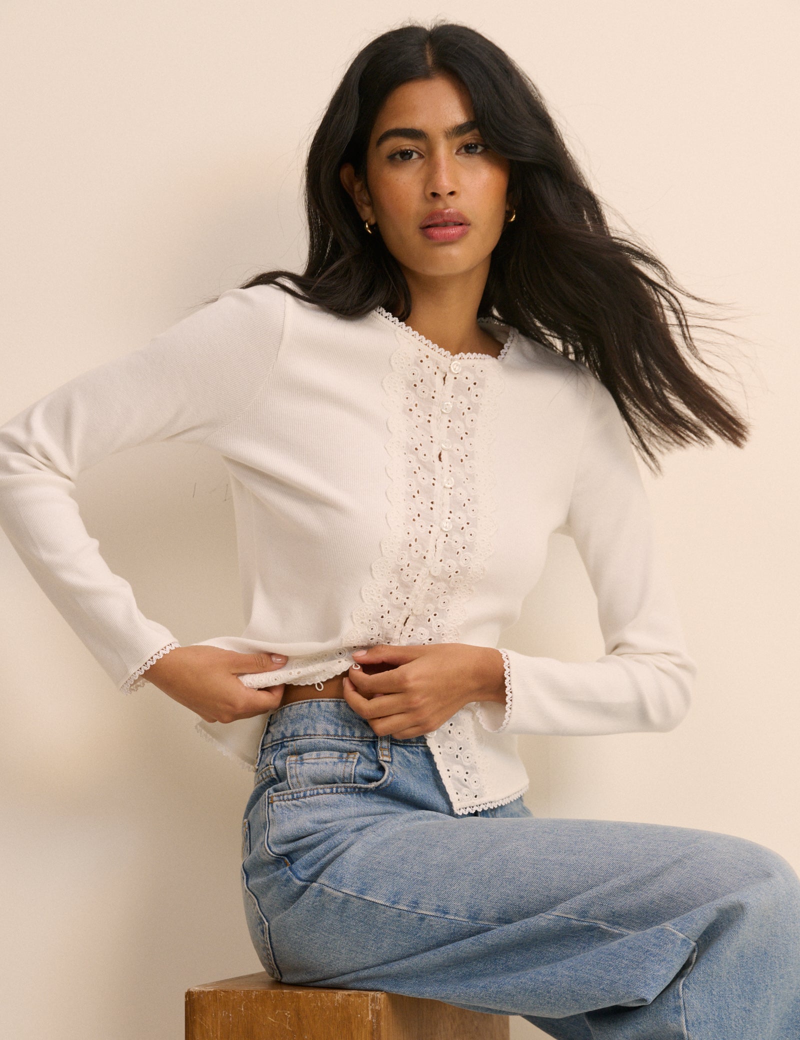 White Broiderie Trim Cardigan