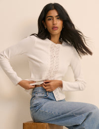 White Broiderie Trim Cardigan