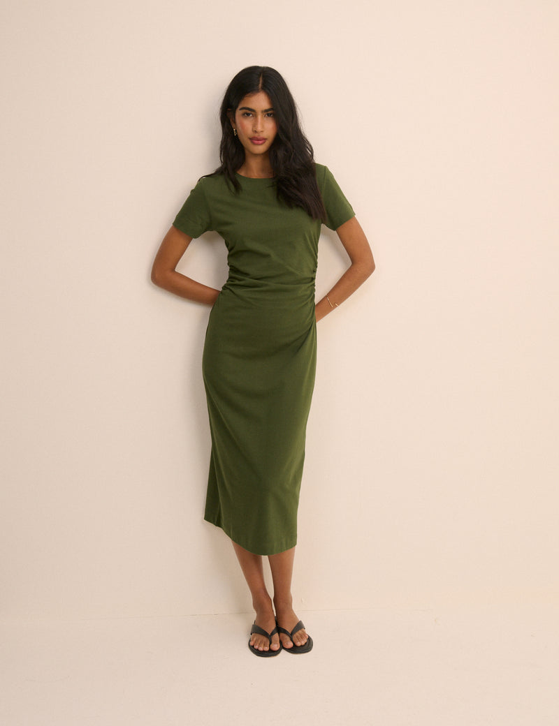 Khaki Ruched Jersey Jordan Midi Dress