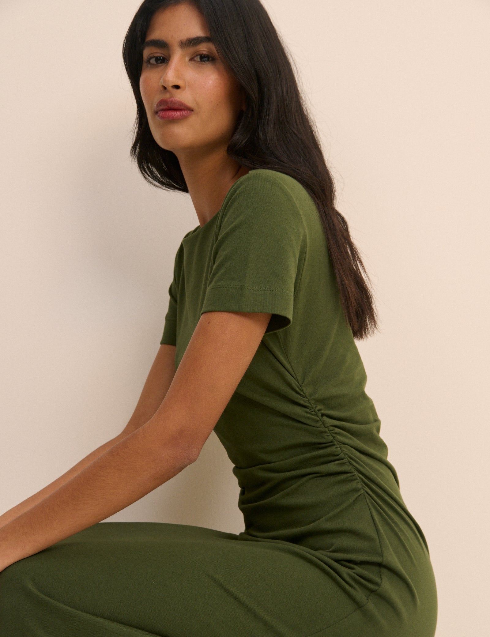 Khaki Ruched Jersey Jordan Midi Dress