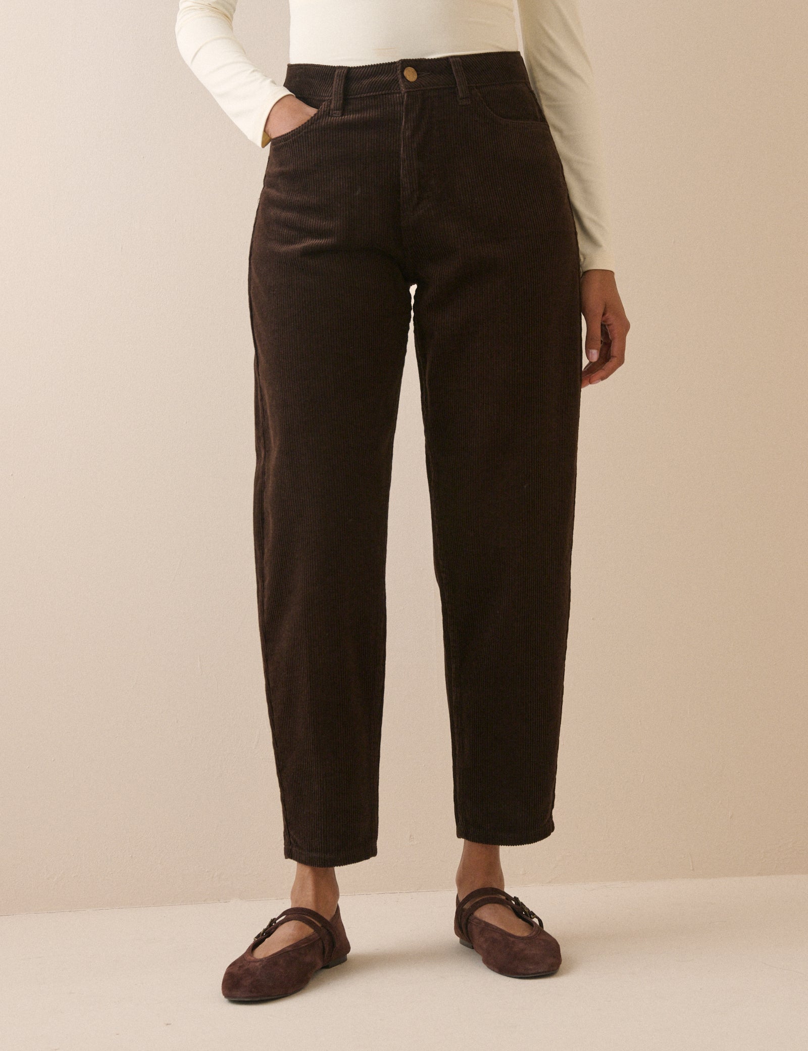 Chocolate Brown Cord High Rise Putney Barrel Leg Jeans