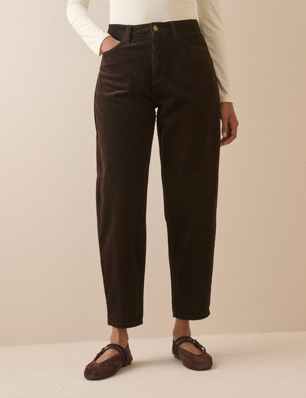 Chocolate Brown Cord High Rise Putney Barrel Leg Jeans
