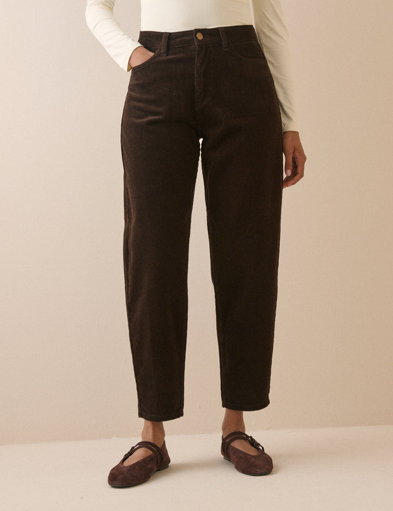 Chocolate Brown Cord High Rise Putney Barrel Leg Jeans