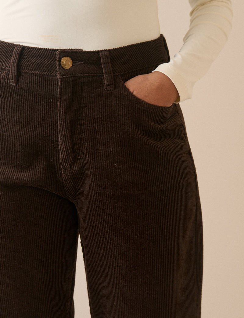 Chocolate Brown Cord High Rise Putney Barrel Leg Jeans