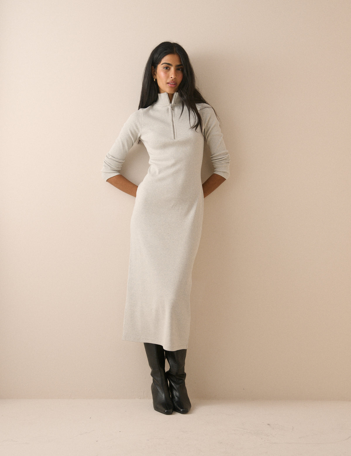 Grey Jersey Funnel Neck Finley Midi Dress