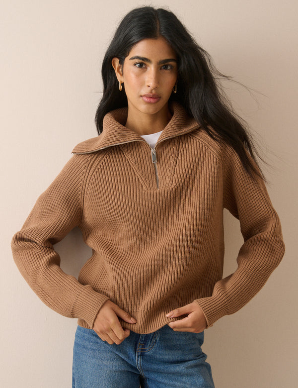 Brown Ribbed Half Zip Jumper
