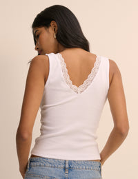 White Ribbed V-Neck Lace Trim Vest