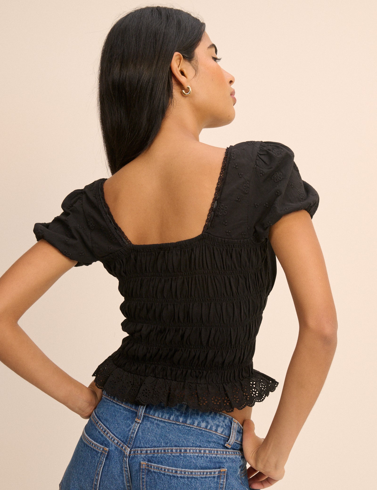 Embroidered Square Neck Puff Sleeve Slim Fit Top | Nobody's Child