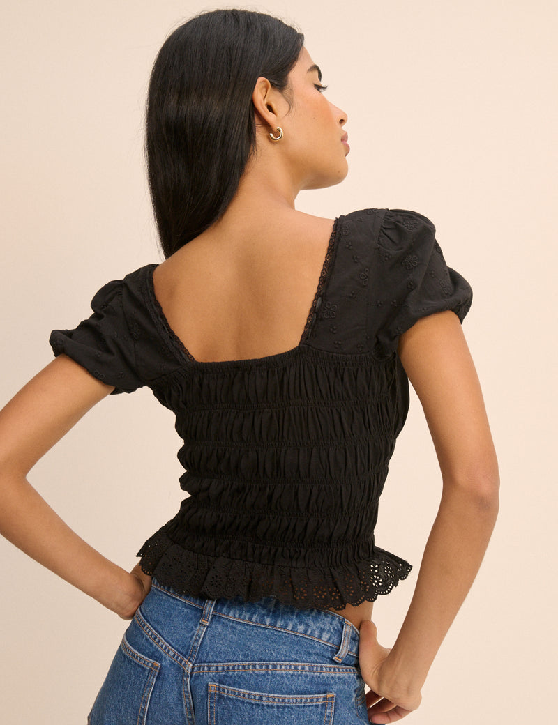 Black Embroidered Puff Sleeve Shirred Bodice Top