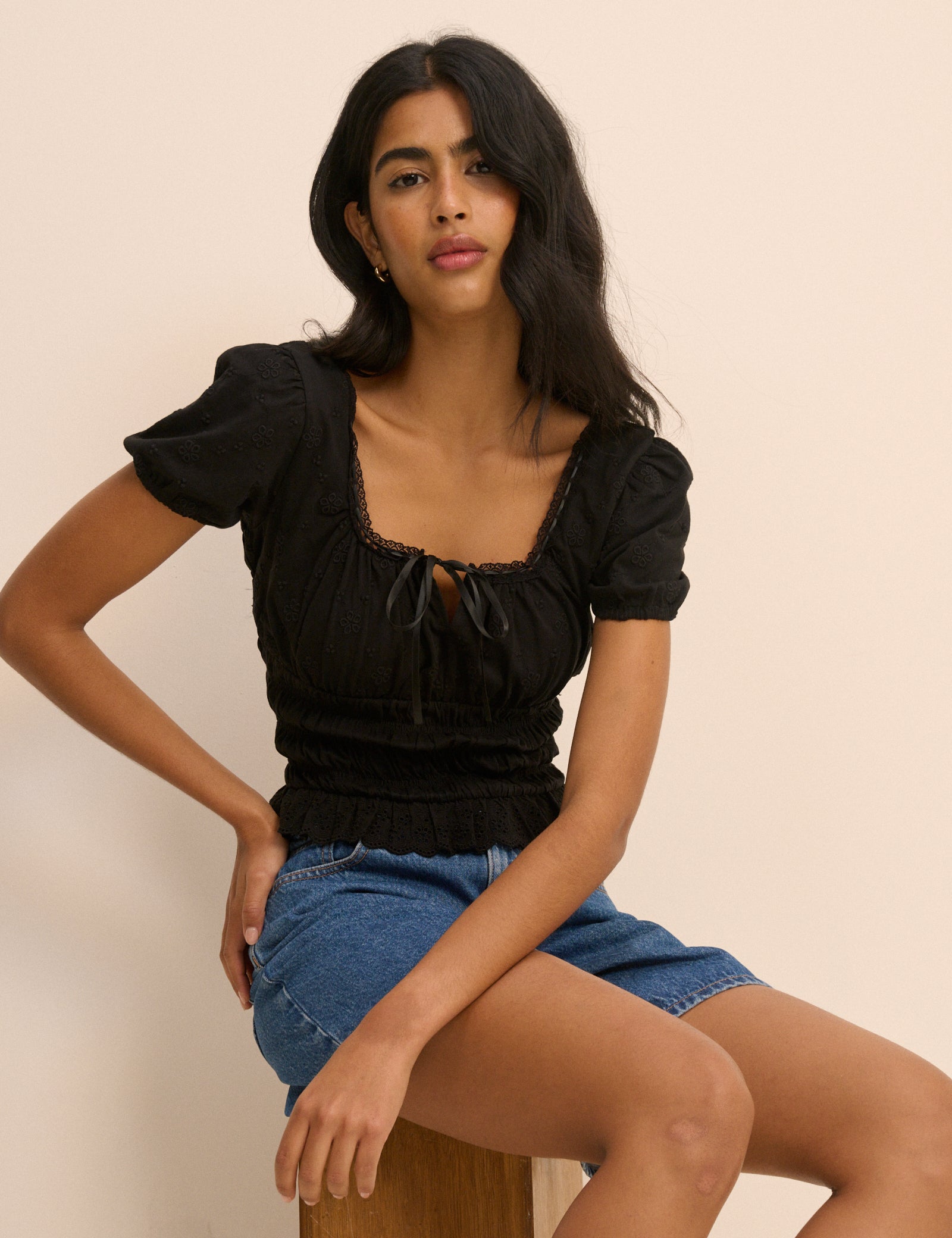 Embroidered Square Neck Puff Sleeve Slim Fit Top | Nobody's Child