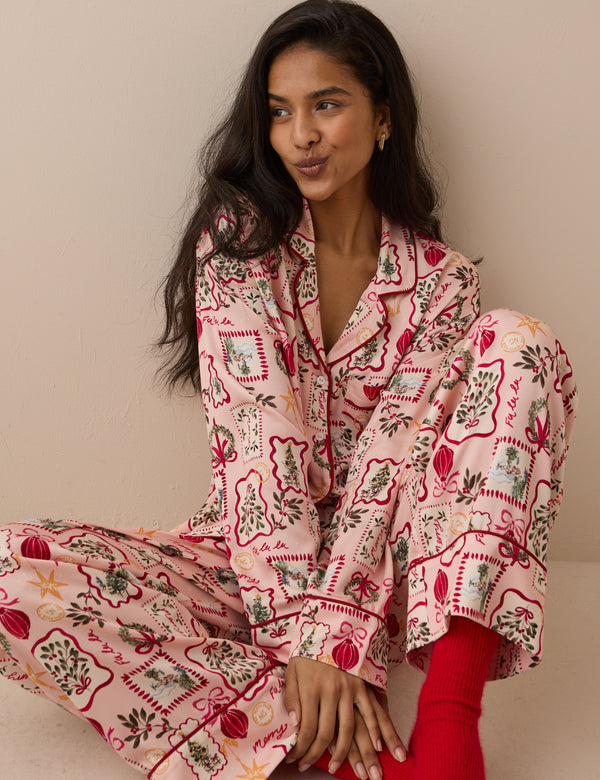 Pink festive postcard print pyjama set