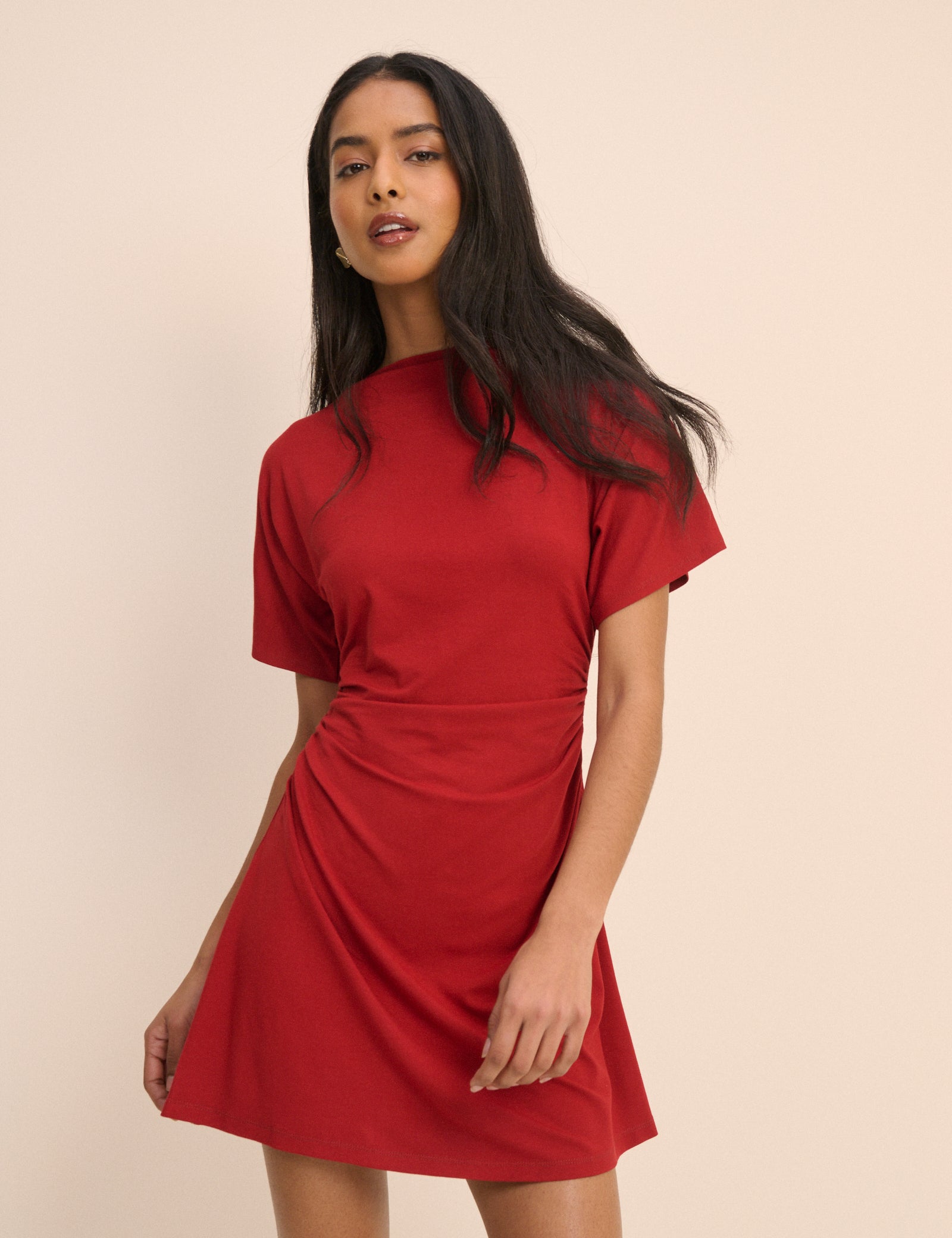 Nellie High Boat Neck Mini Dress Short Wide Sleeves