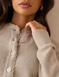 Oatmeal Lace Trim Cardigan