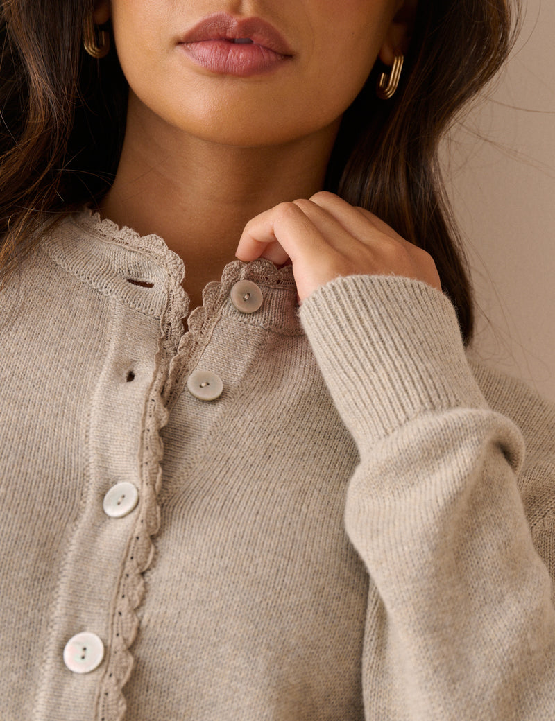 Oatmeal Lace Trim Cardigan