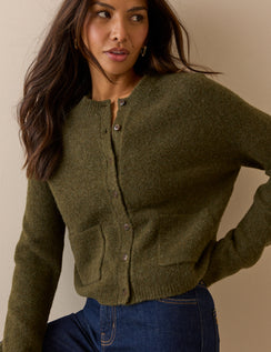 Khaki green cardigan with patch pockets