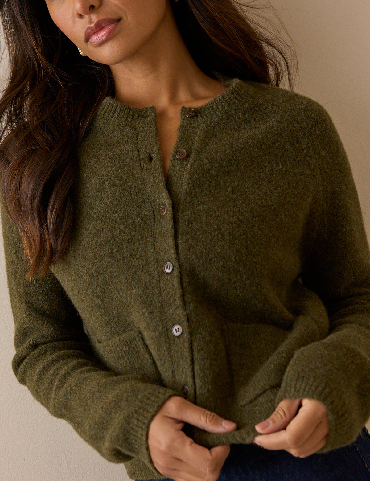 Khaki Green Patch Pocket Cardigan