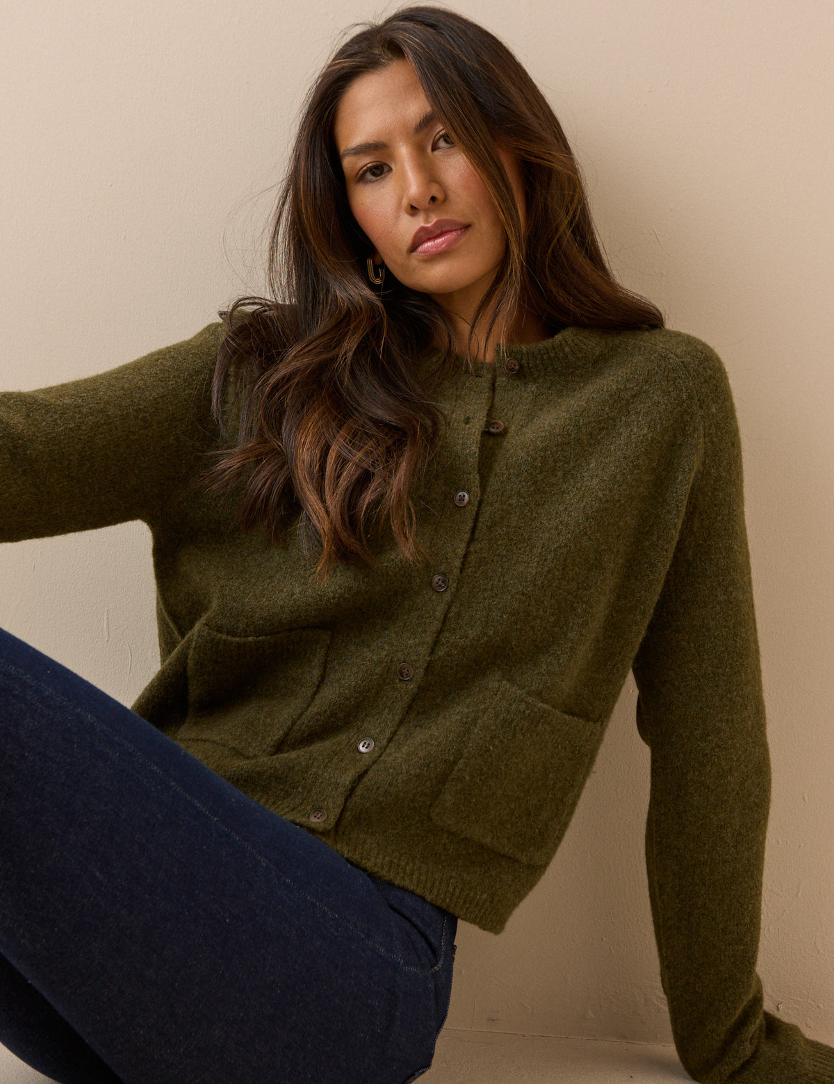 Khaki Green Patch Pocket Cardigan