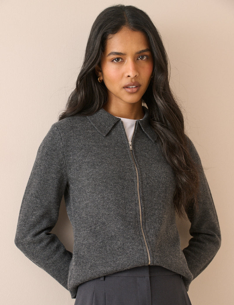 Grey Collared Wool Cardigan