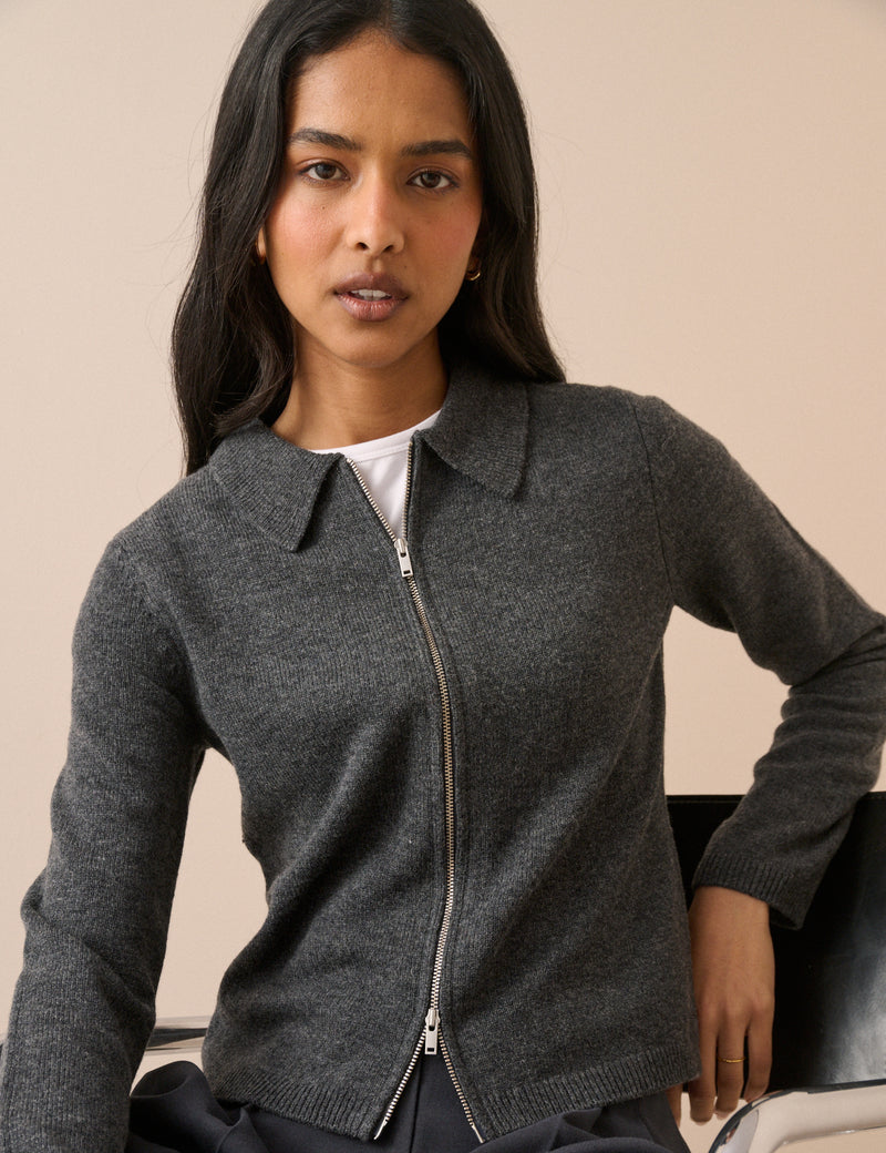 Grey Collared Wool Cardigan