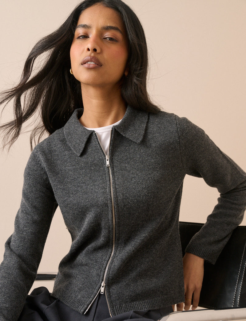 Grey Collared Wool Cardigan