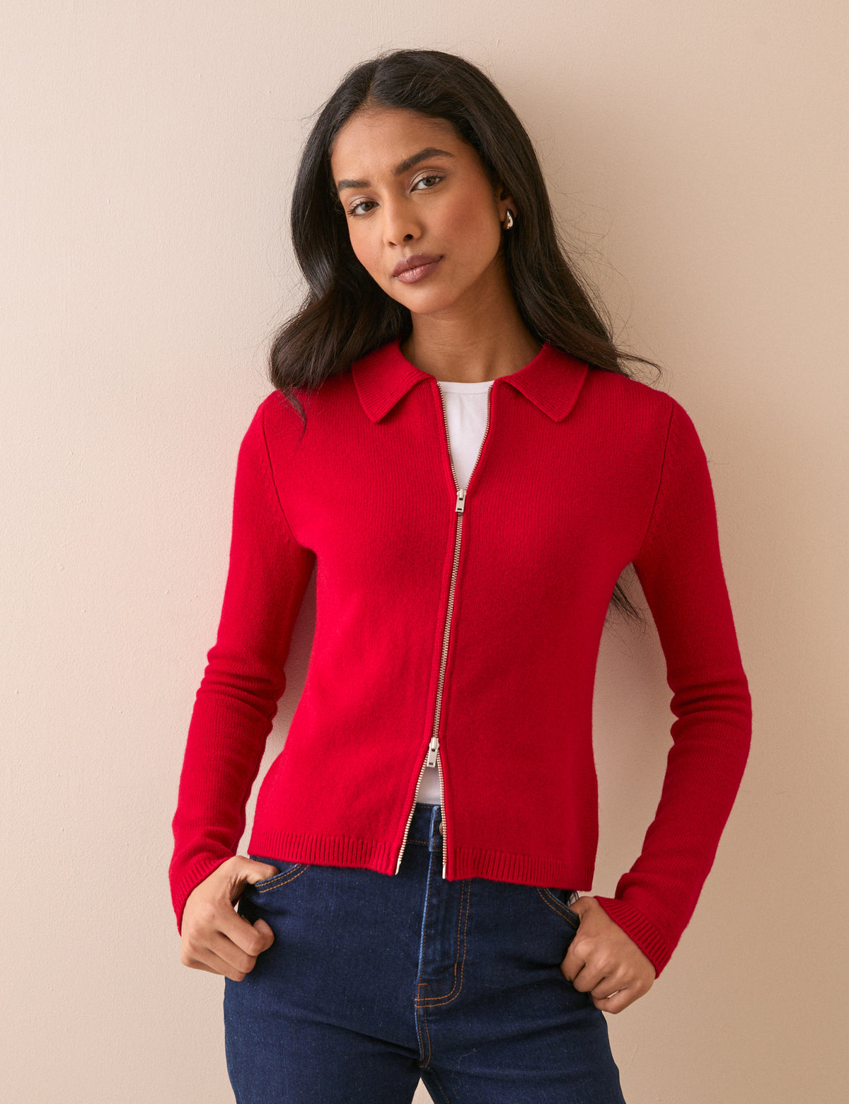 Red Zip Through Wool Cardigan