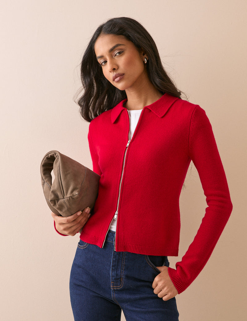 Red Zip Through Wool Cardigan