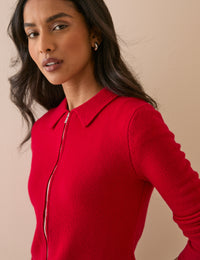 Red Zip Through Wool Cardigan