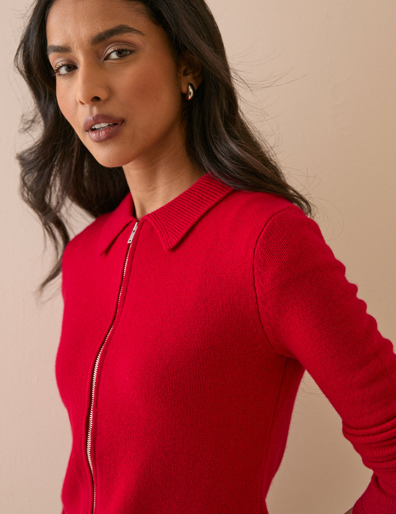 Red Zip Through Wool Cardigan