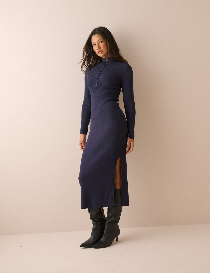 Navy Ribbed Knitted Midi Dress