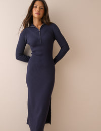Navy Ribbed Knitted Midi Dress