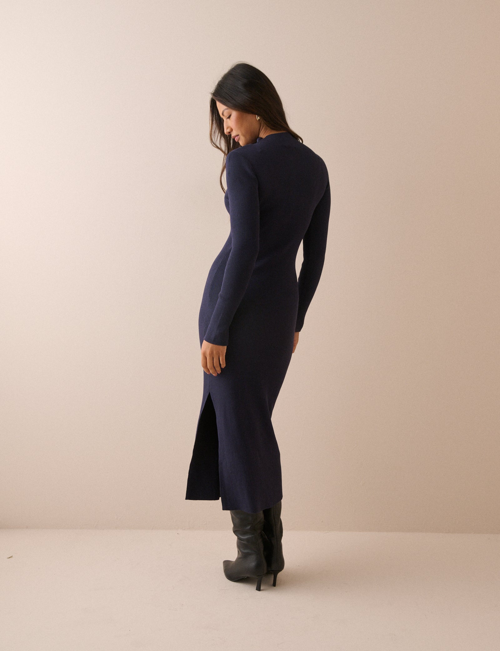 Navy Ribbed Knitted Midi Dress