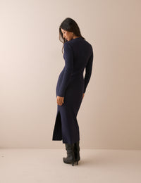 Navy Ribbed Knitted Midi Dress