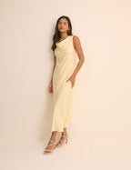Butter Yellow Jacquard Floral Cassie Satin Midi Dress