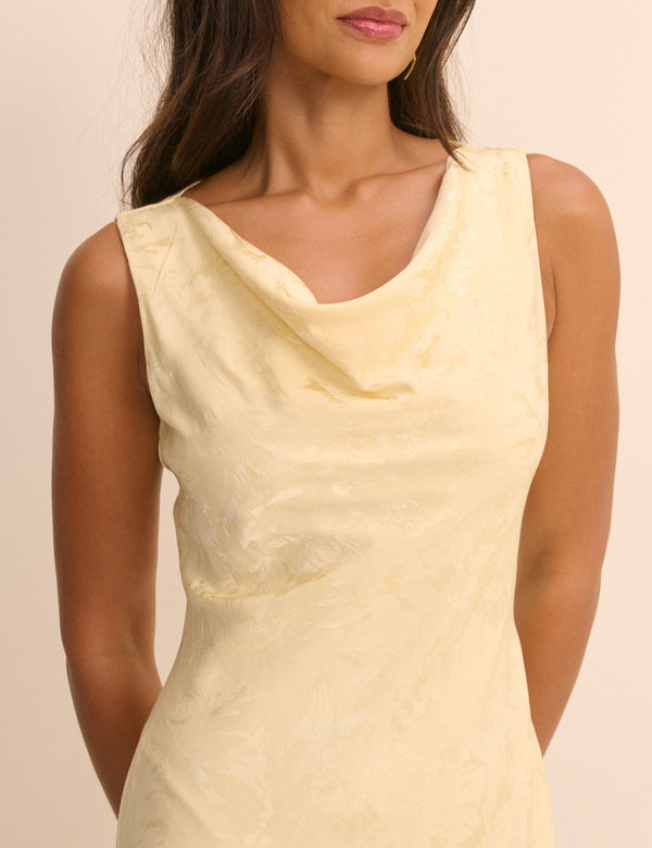 Butter Yellow Jacquard Floral Cassie Satin Midi Dress