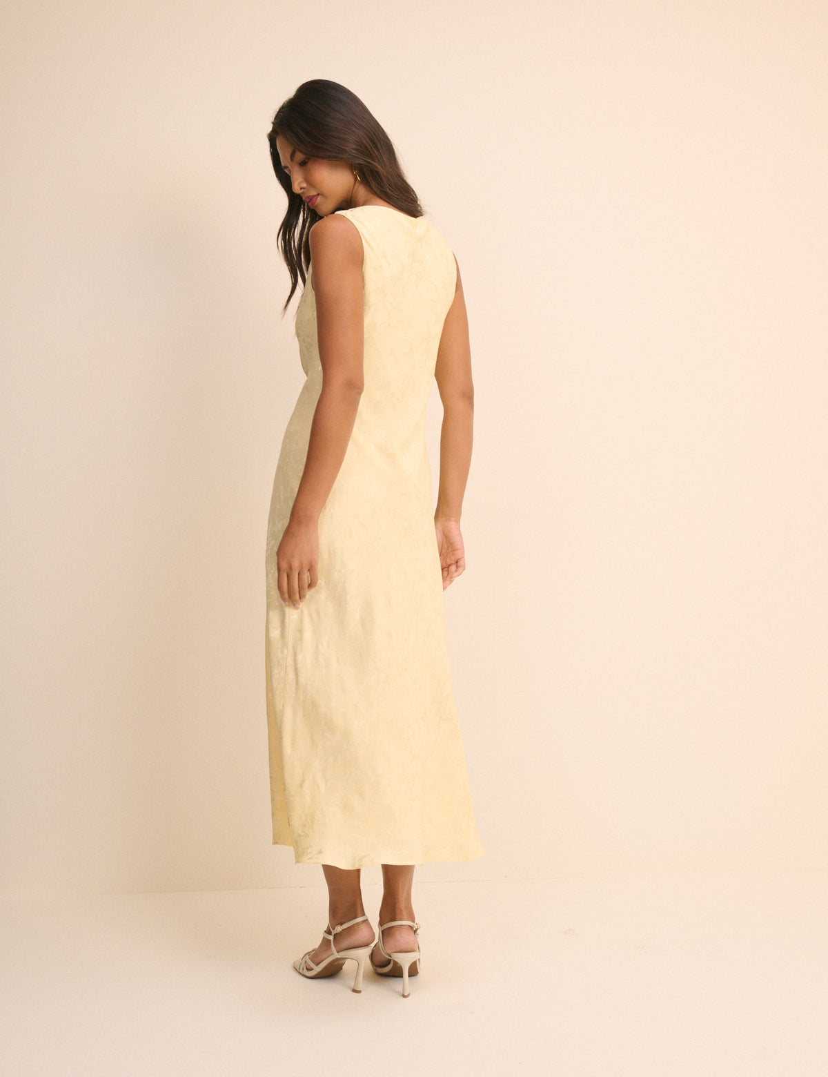 Butter Yellow Jacquard Floral Cassie Satin Midi Dress