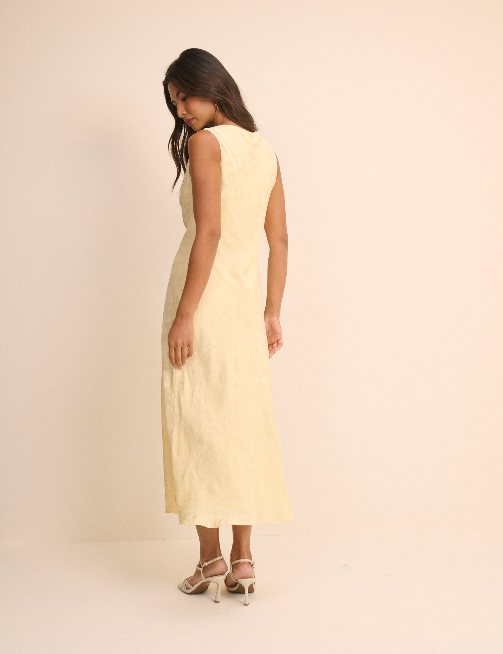 Butter Yellow Jacquard Floral Cassie Satin Midi Dress
