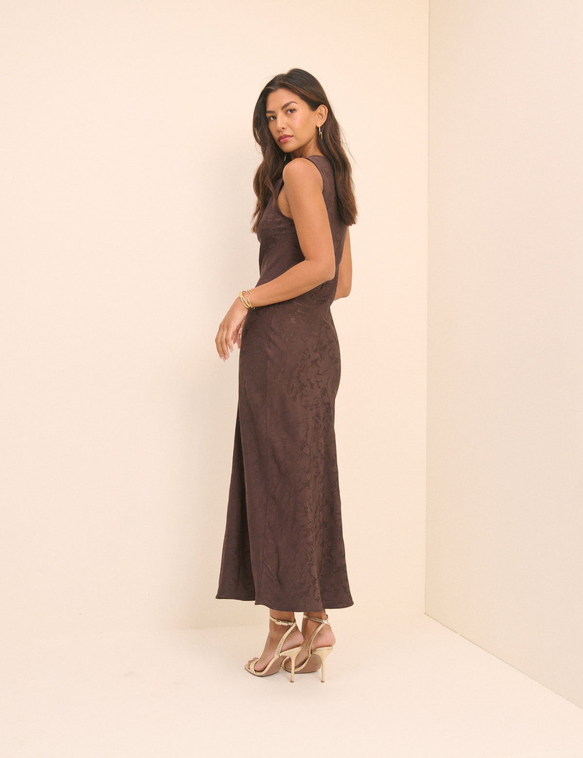 Brown Jacquard Floral Cowl Neck Satin Midi Dress