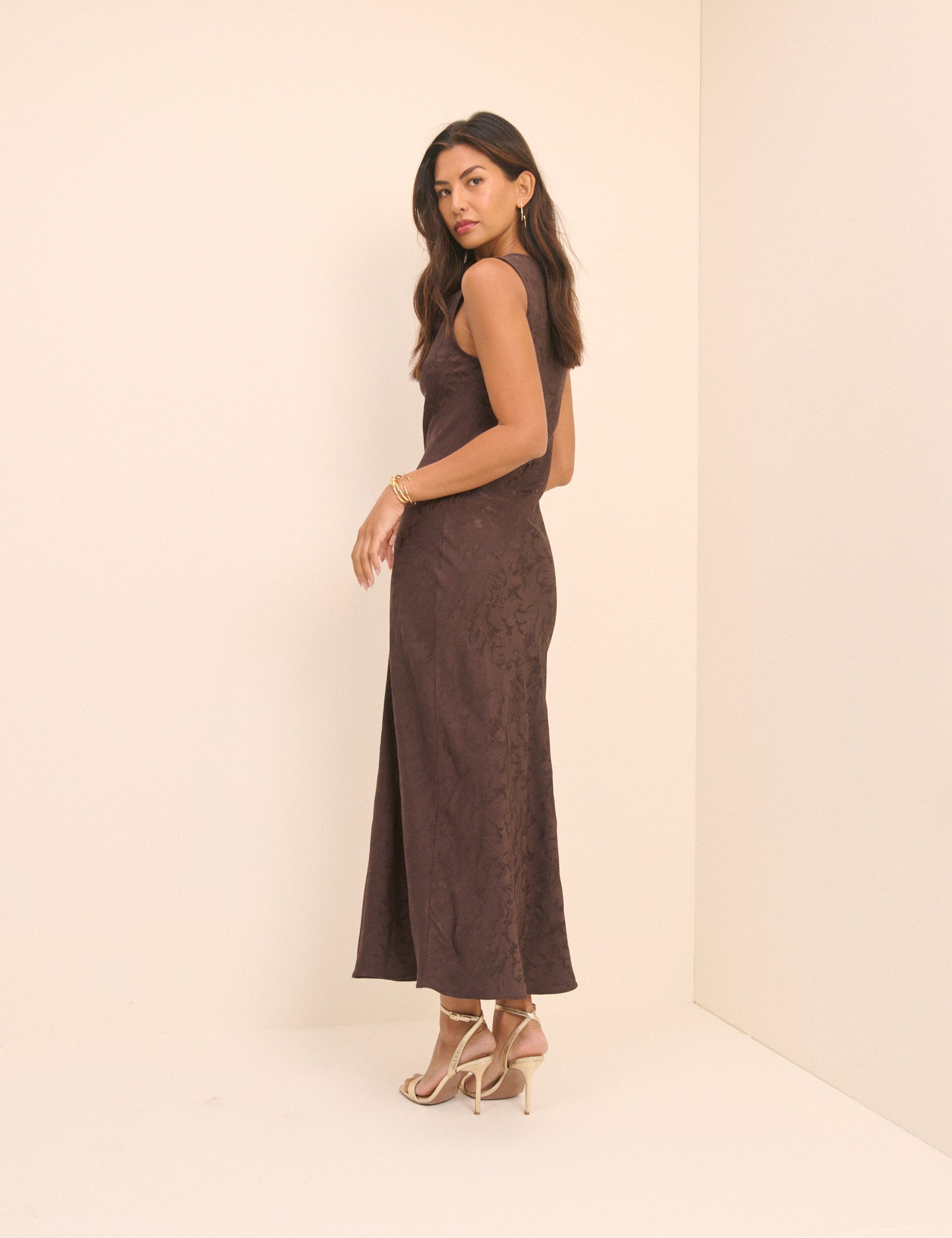 Brown Jacquard Floral Cowl Neck Satin Midi Dress