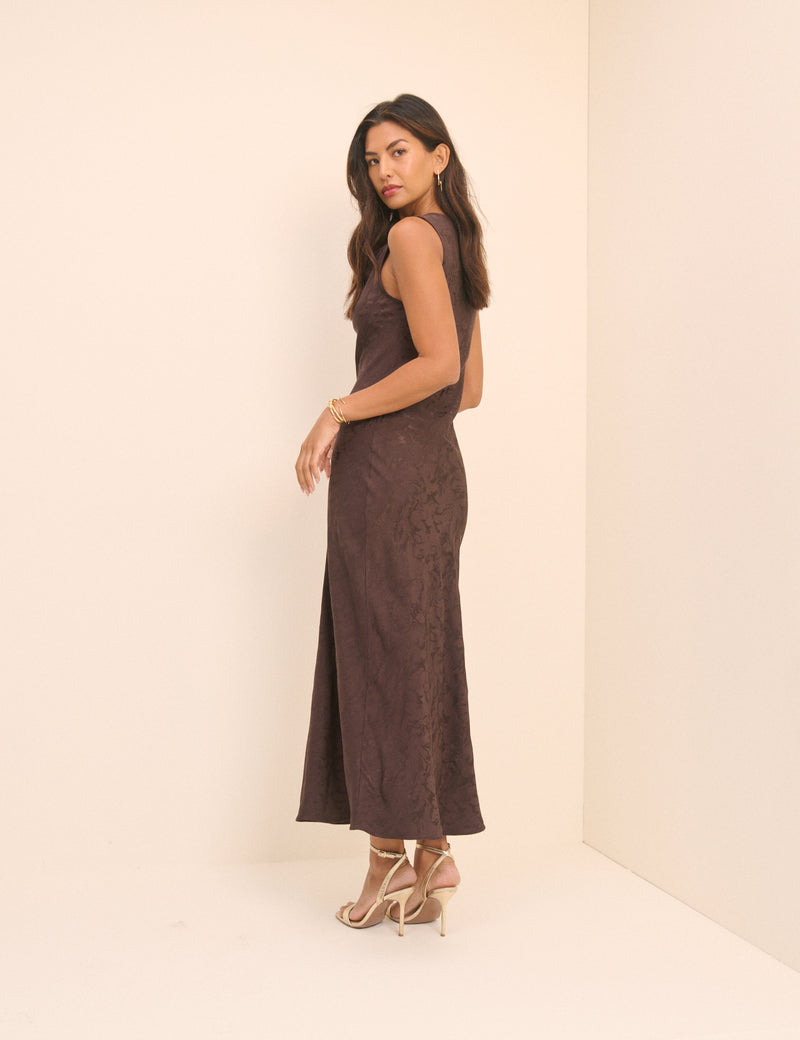 Brown Jacquard Floral Cowl Neck Satin Midi Dress