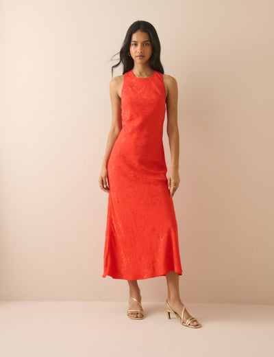 Red Jacquard Floral Miley Midi Dress